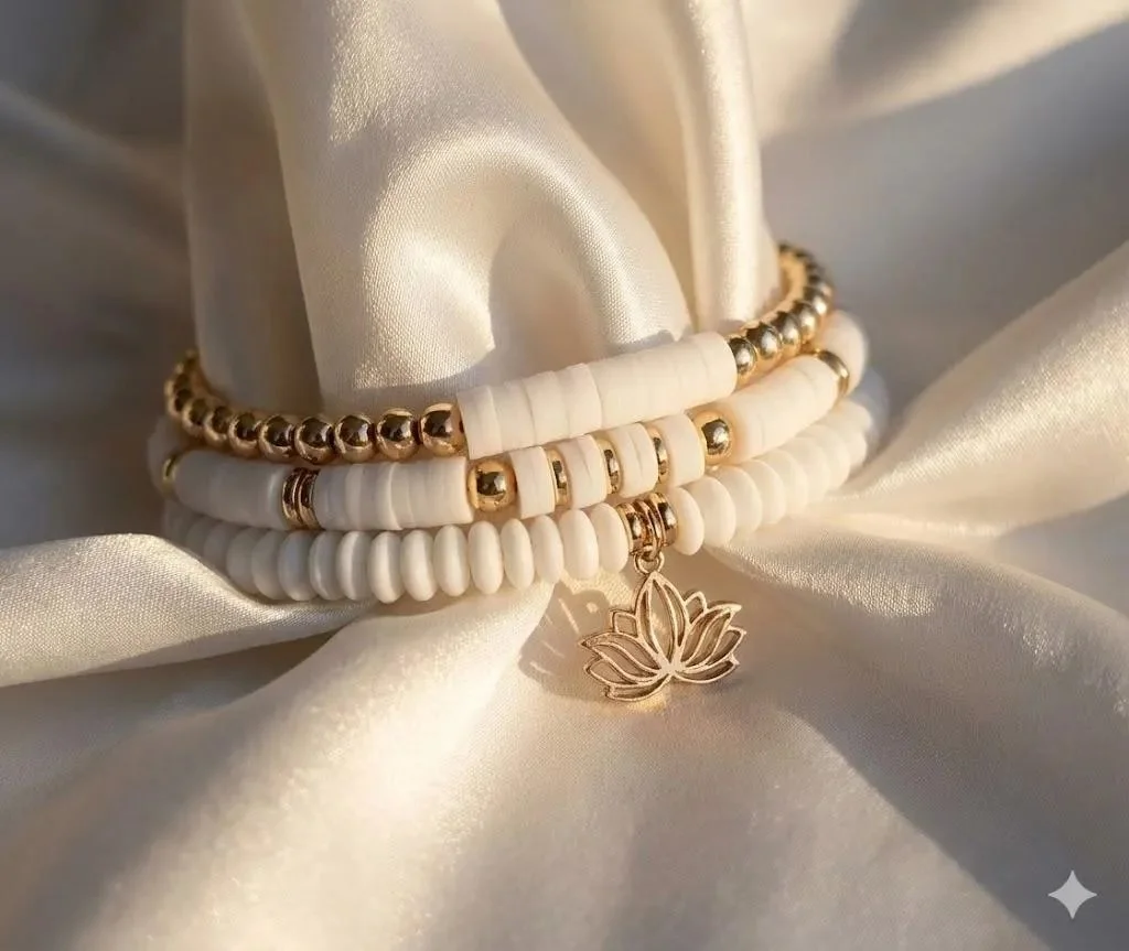 Minimalist white heishi and matte glass yoga bracelet set designed for a clean, intentional aesthetic and daily mindfulness.