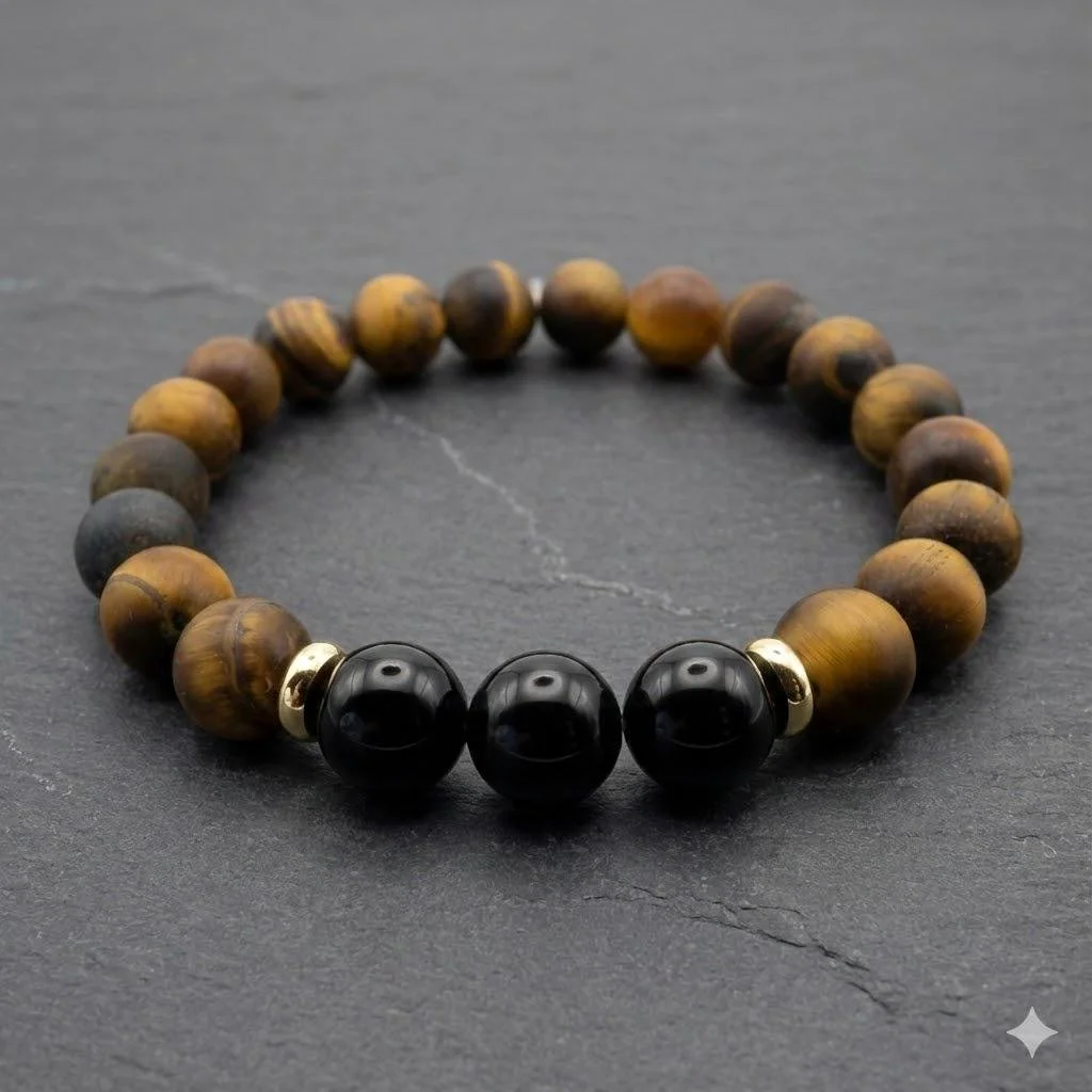 a premium men’s gemstone bracelet showing the chatoyant golden bands of tiger's eye against velvety matte black onyx.