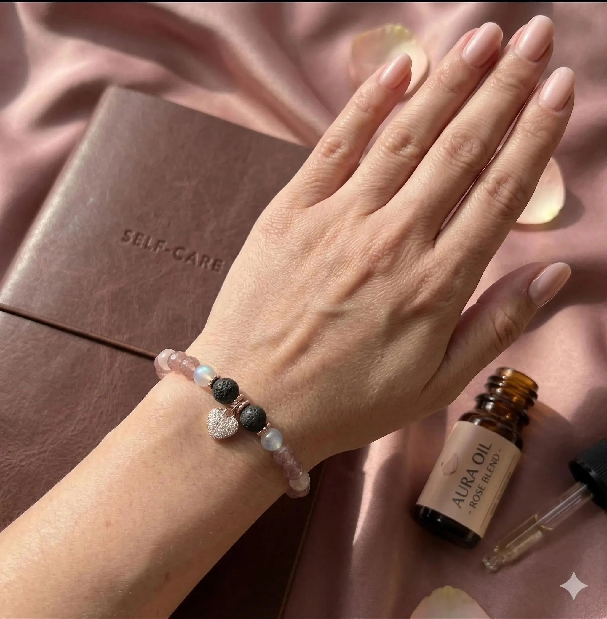 the dreamy romantic bracelet | rose gold pavé heart + strawberry quartz | lava rock diffuser