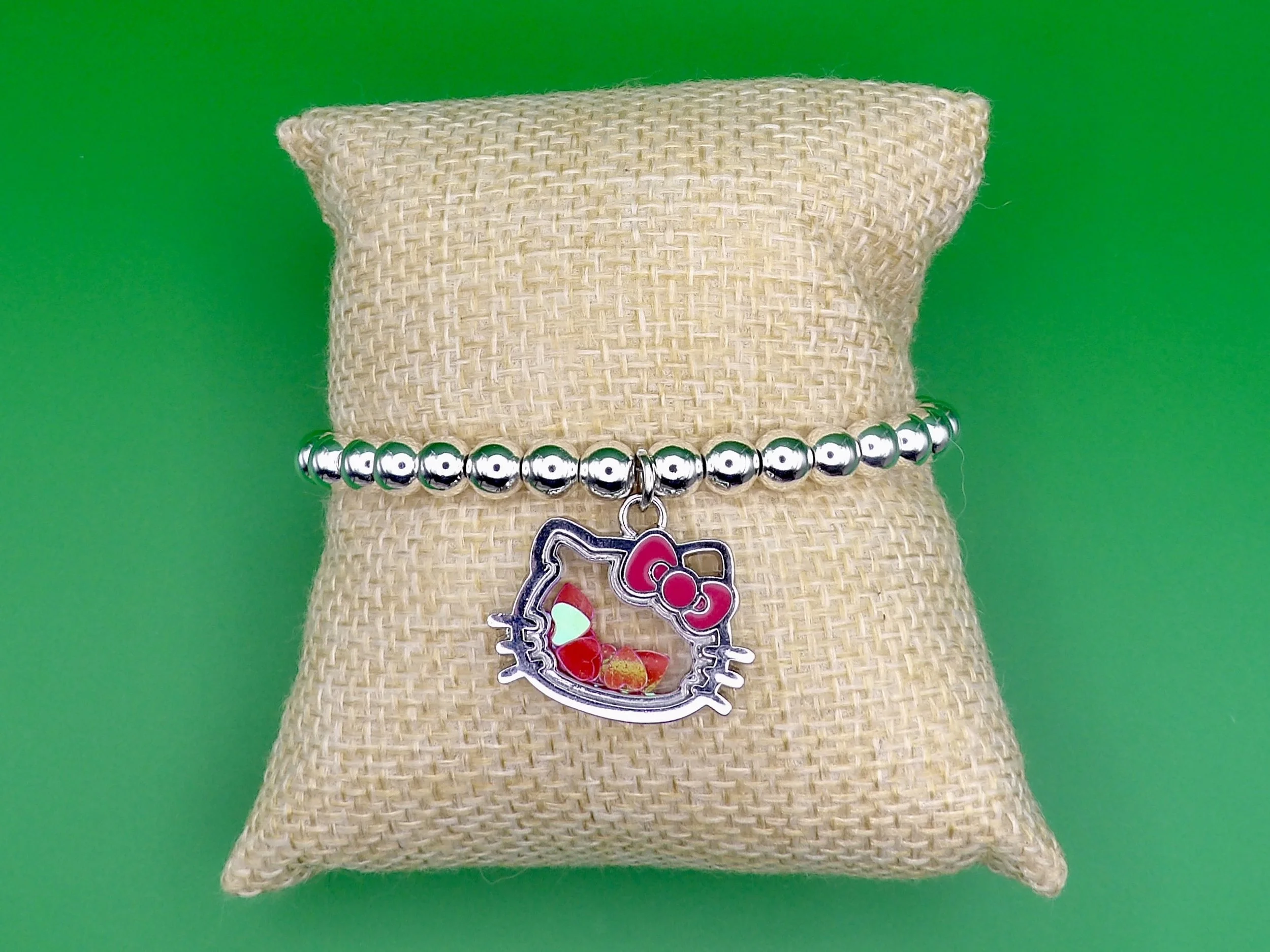 handmade 925 sterling silver beaded bracelet w/ a hello kitty shaker charm