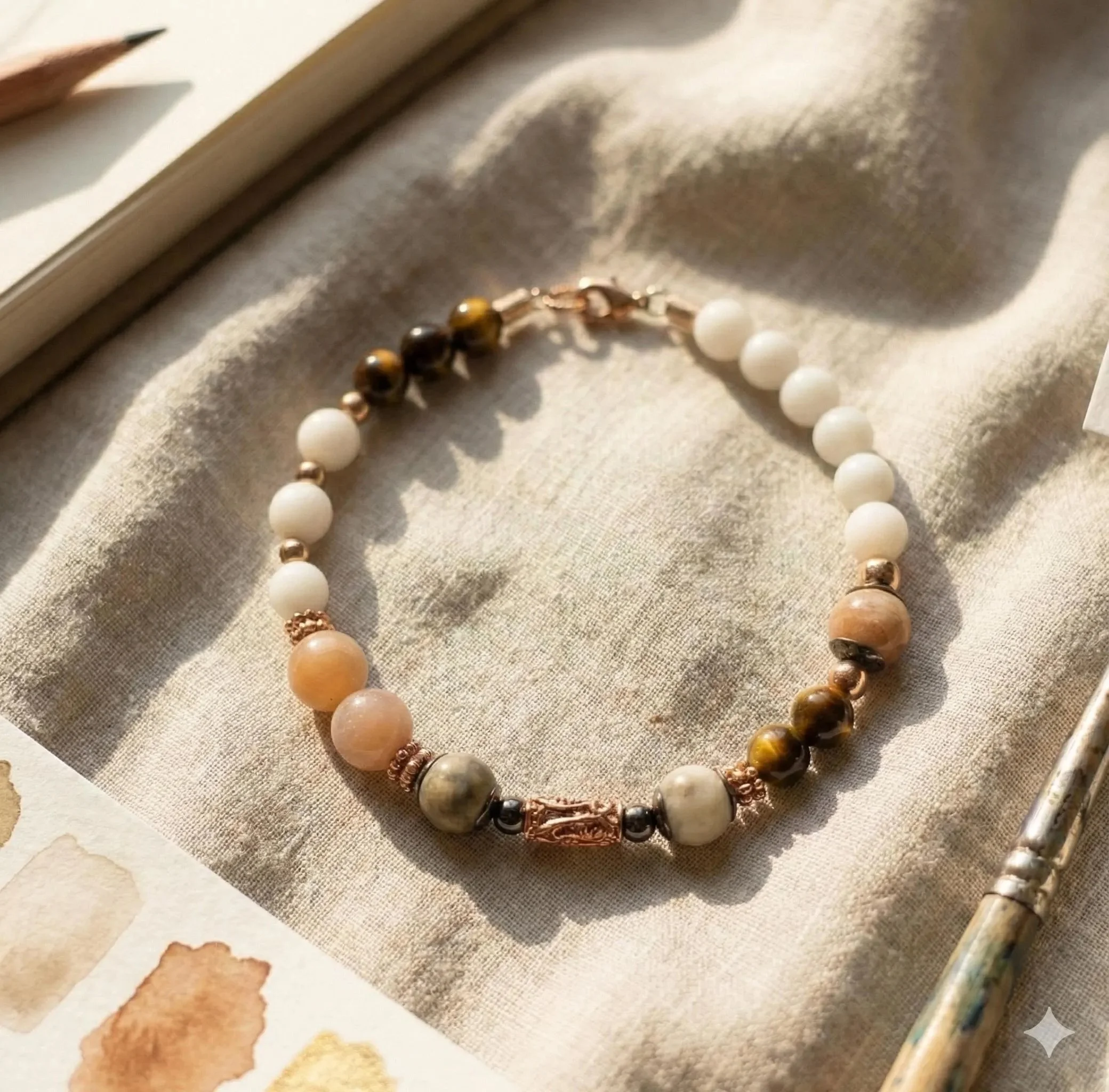 a colorful boho-luxe gemstone bracelet with a variety of textures and warm rose gold finished accents.