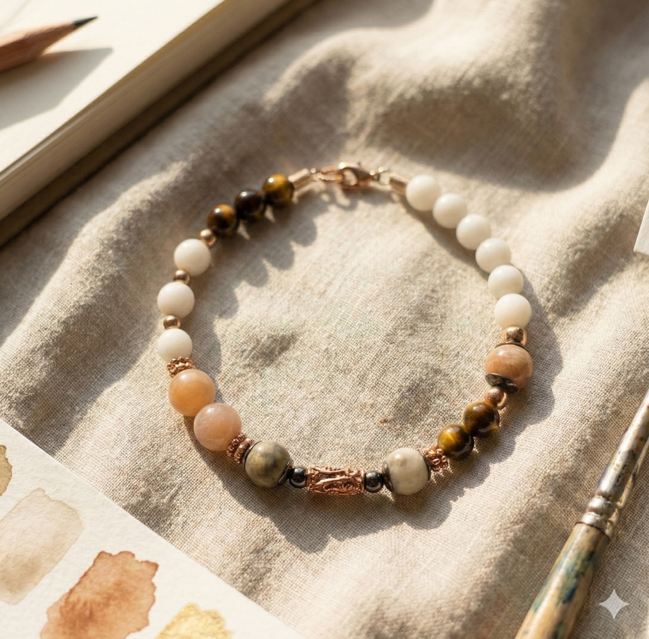 the free spirit bracelet | asymmetrical gemstone mix + rose gold finish | tiger’s eye, jade, sunstone, amazonite