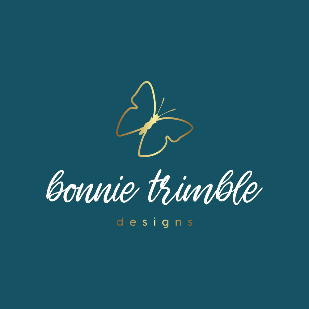 a logo for bonnie trimble designs featuring a gold butterfly and white cursive text on a dark teal background.