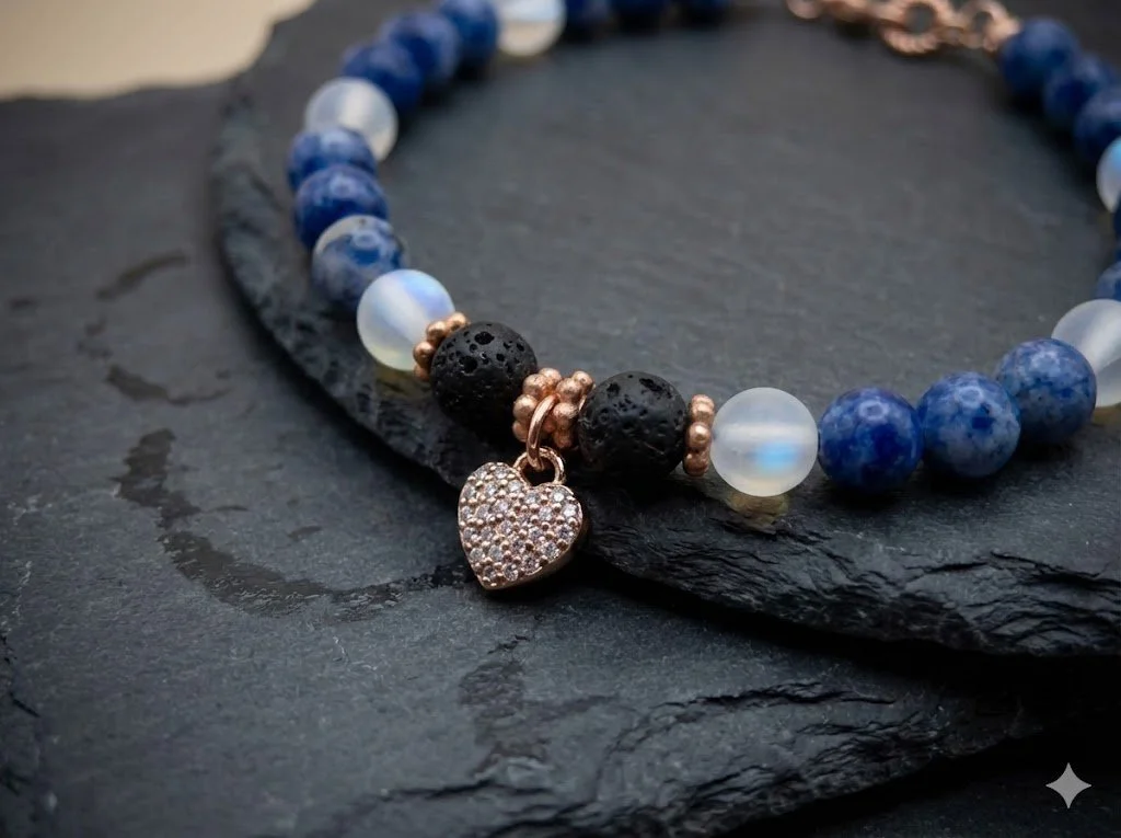 the romantic mystic bracelet | rose gold pavé heart + sodalite | lava rock diffuser