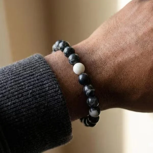 the balanced minimalist bracelet | 8mm zebra jasper | black + white gemstone stretch