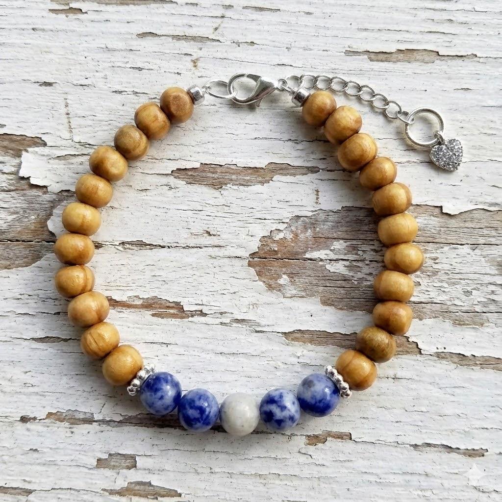 the woodland sparkle bracelet | blue sodalite + wood beads | sterling silver + platinum plated heart | adjustable