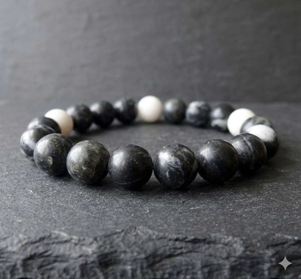 the balanced minimalist bracelet | 8mm zebra jasper | black + white gemstone stretch