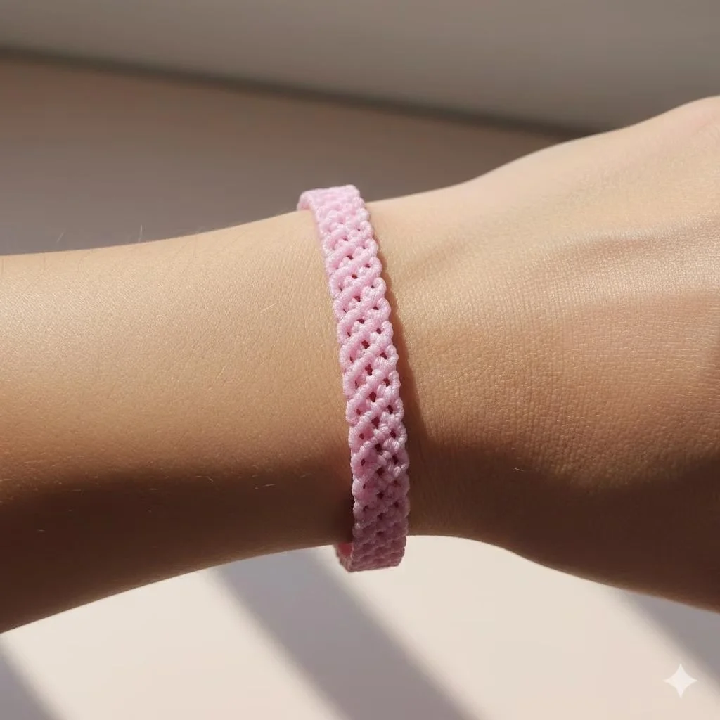 a delicate and romantic hand-woven bracelet showing the fine texture of pink lace cord and the shimmering gold filled extender chain.
