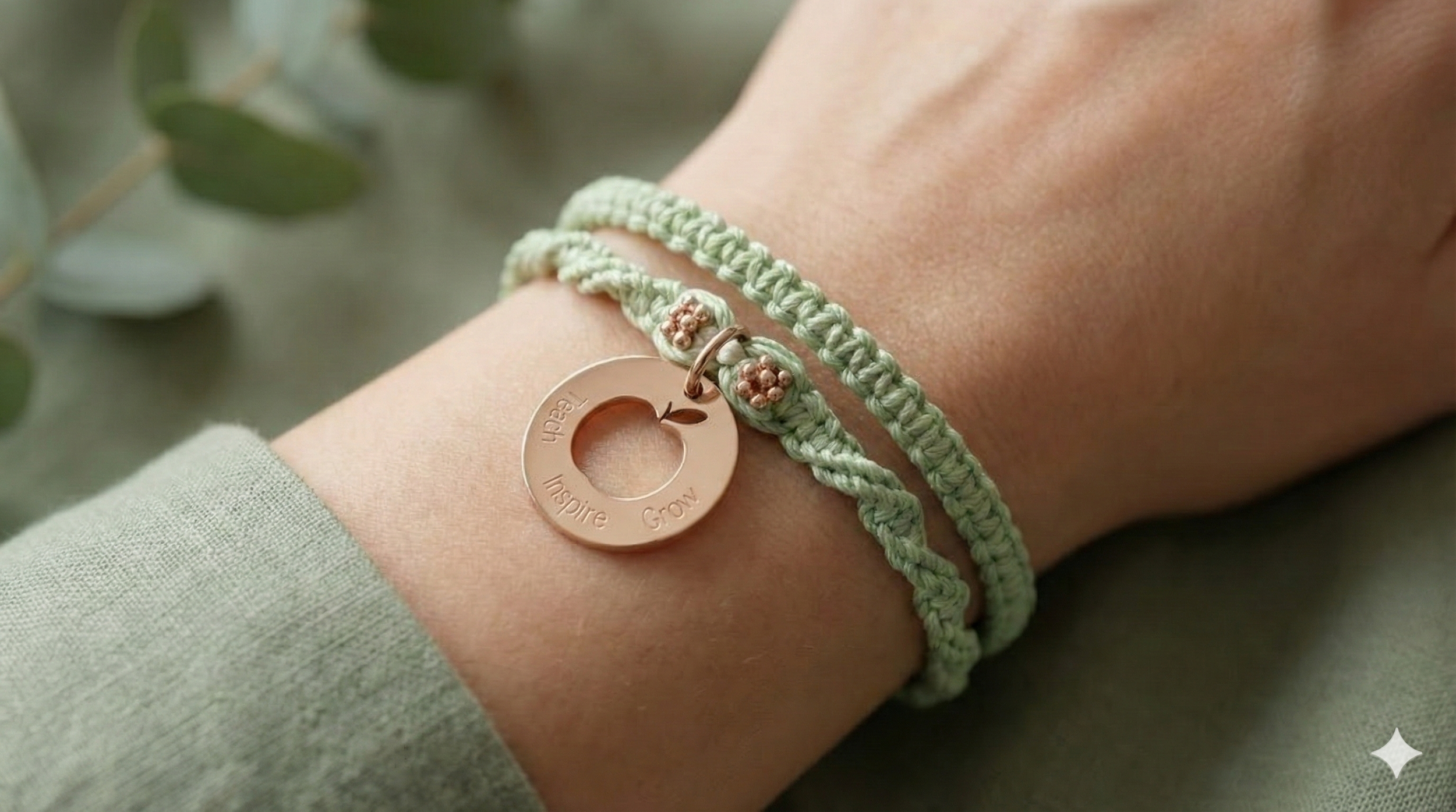 the heart‑led educator bracelet | double‑strand macramé | rose gold “teach inspire grow” charm