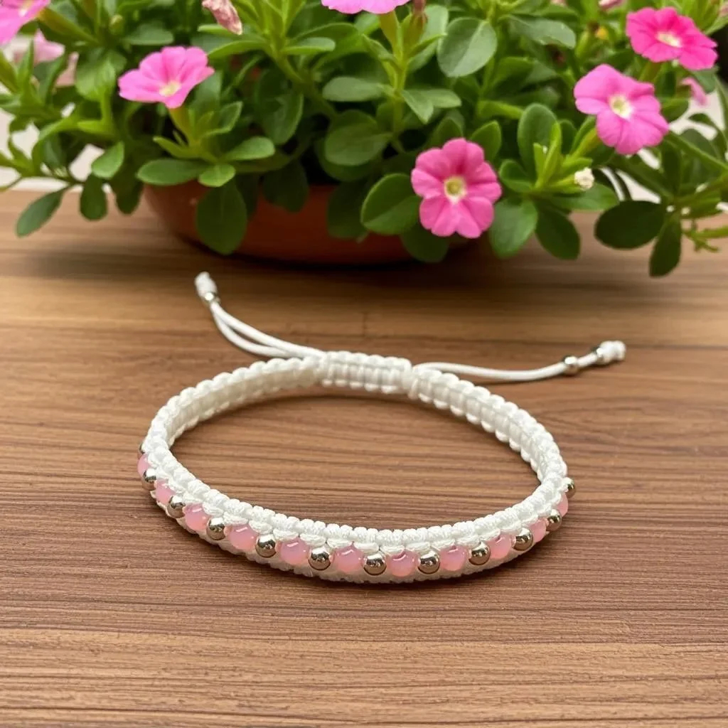 a delicate handcrafted white woven bracelet showing the precision of the micro-macramé knots and shimmering silver hardware.