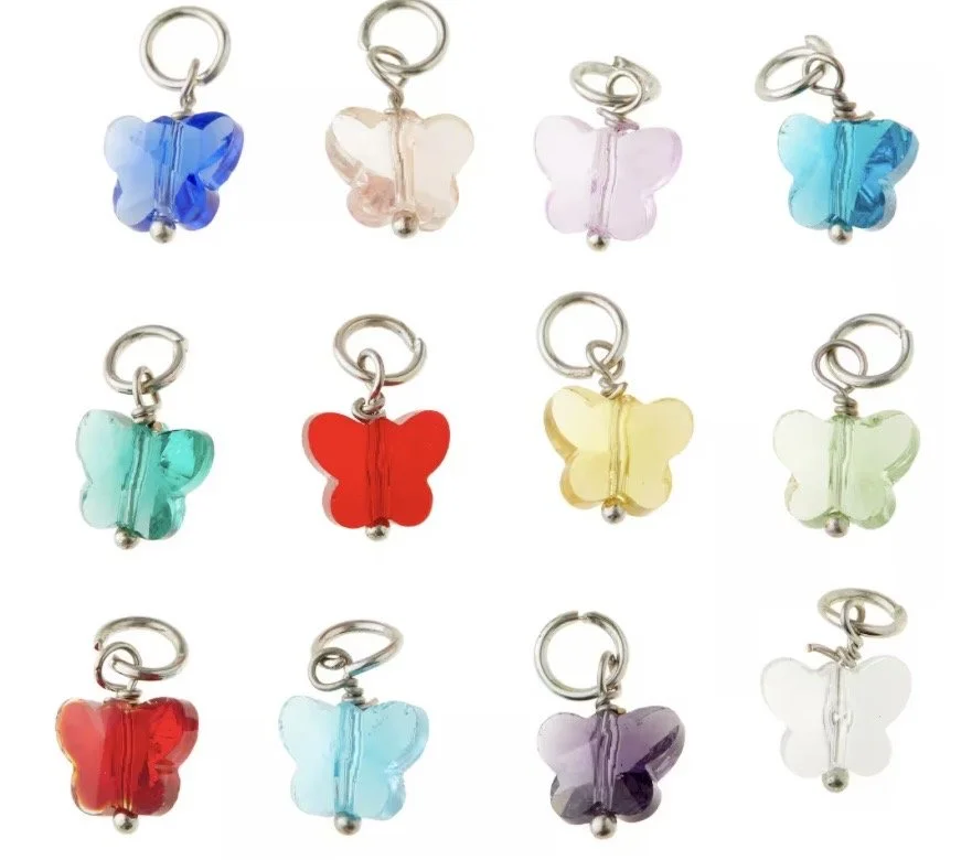 color options chart for the butterfly charm on the handmade heishi bracelet, showing pink, blue, green, and yellow butterflies.