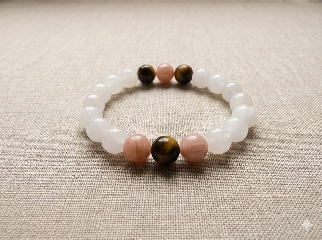 the balanced glow bracelet | white jade + peach sunstone + tiger’s eye | mirrored clusters | stretch fit