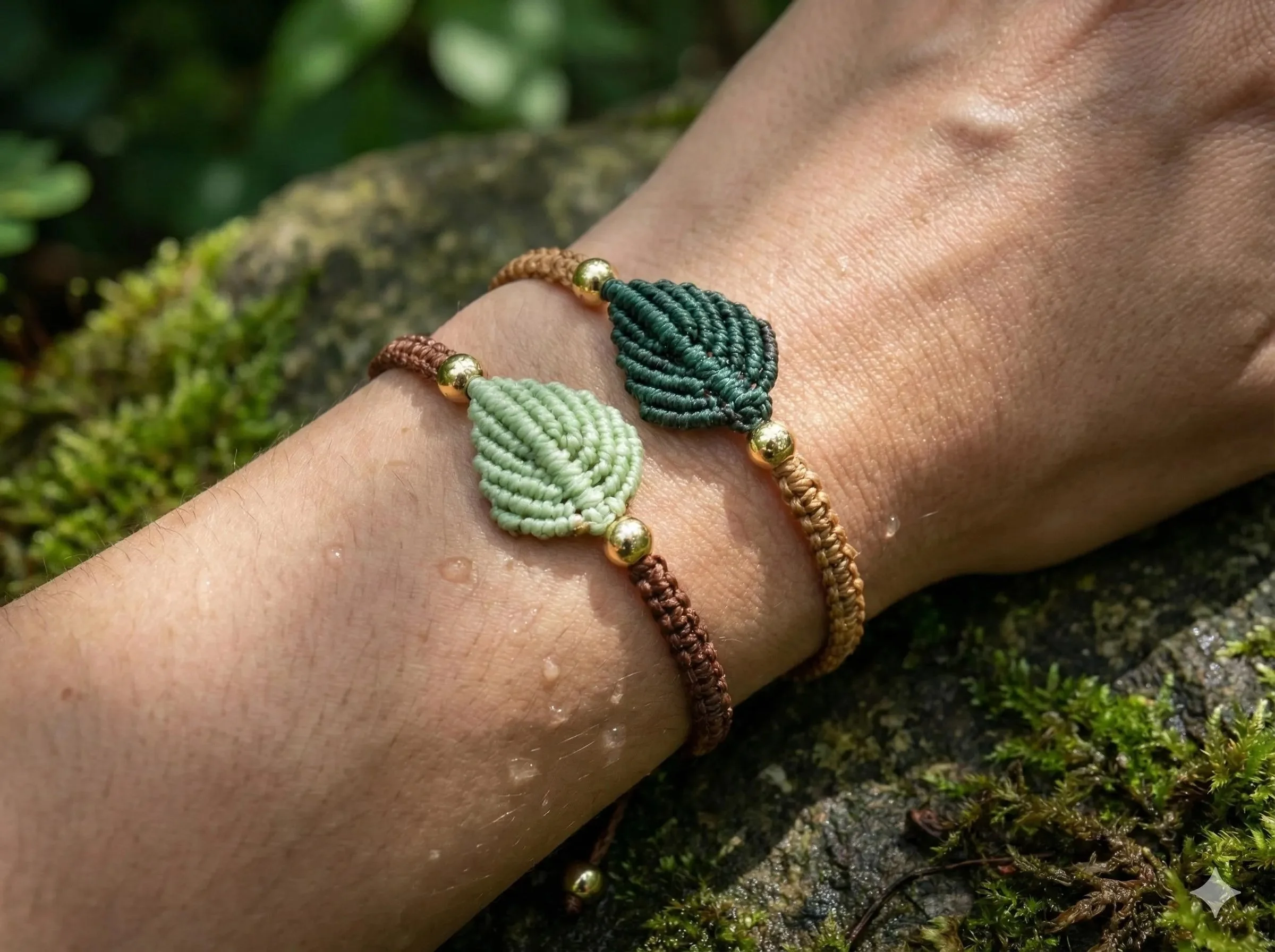 botanical jewelry stack with gold accents and micro-macramé leaf charms designed for a nature-luxe professional aesthetic.