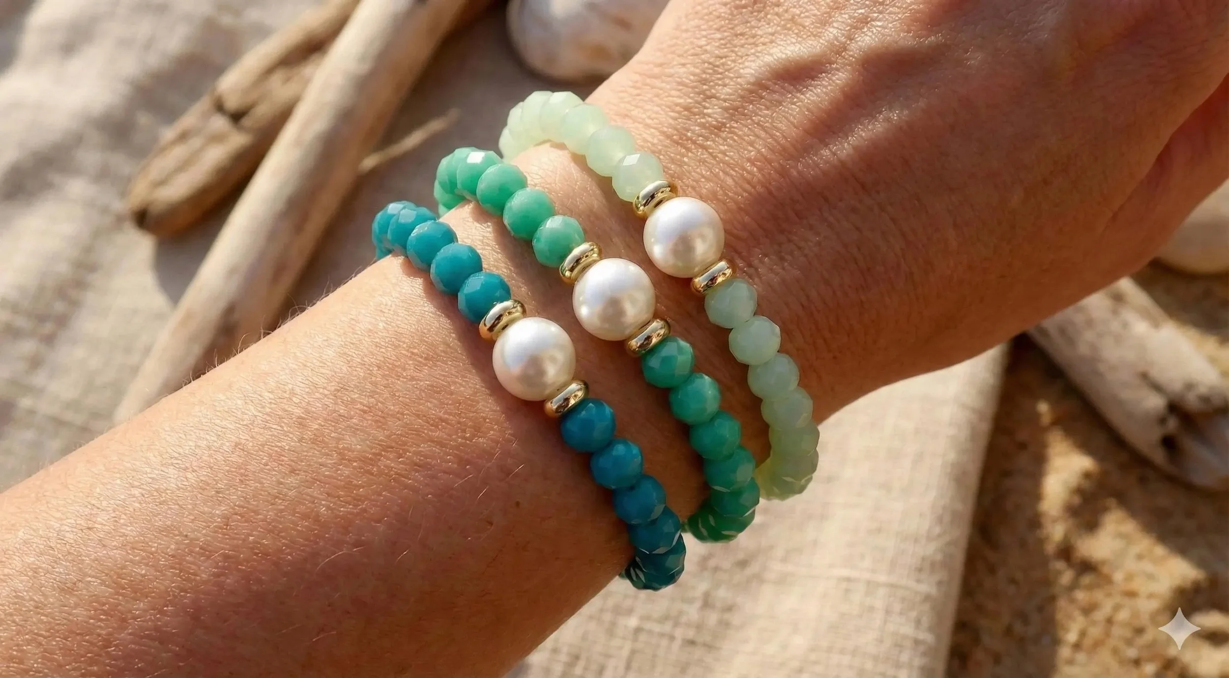 a curated 3-piece bracelet set featuring frosted sea glass style faceted beads, iridescent mother of pearl, and polished gold-finished accents.