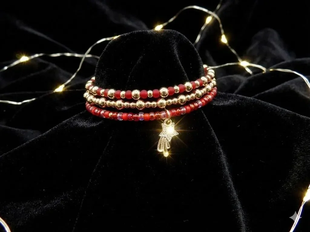 handcrafted holiday-ready jewelry featuring tarnish-resistant 18k gold beads and a sparkling cubic zirconia micro-pave shooting star focal.