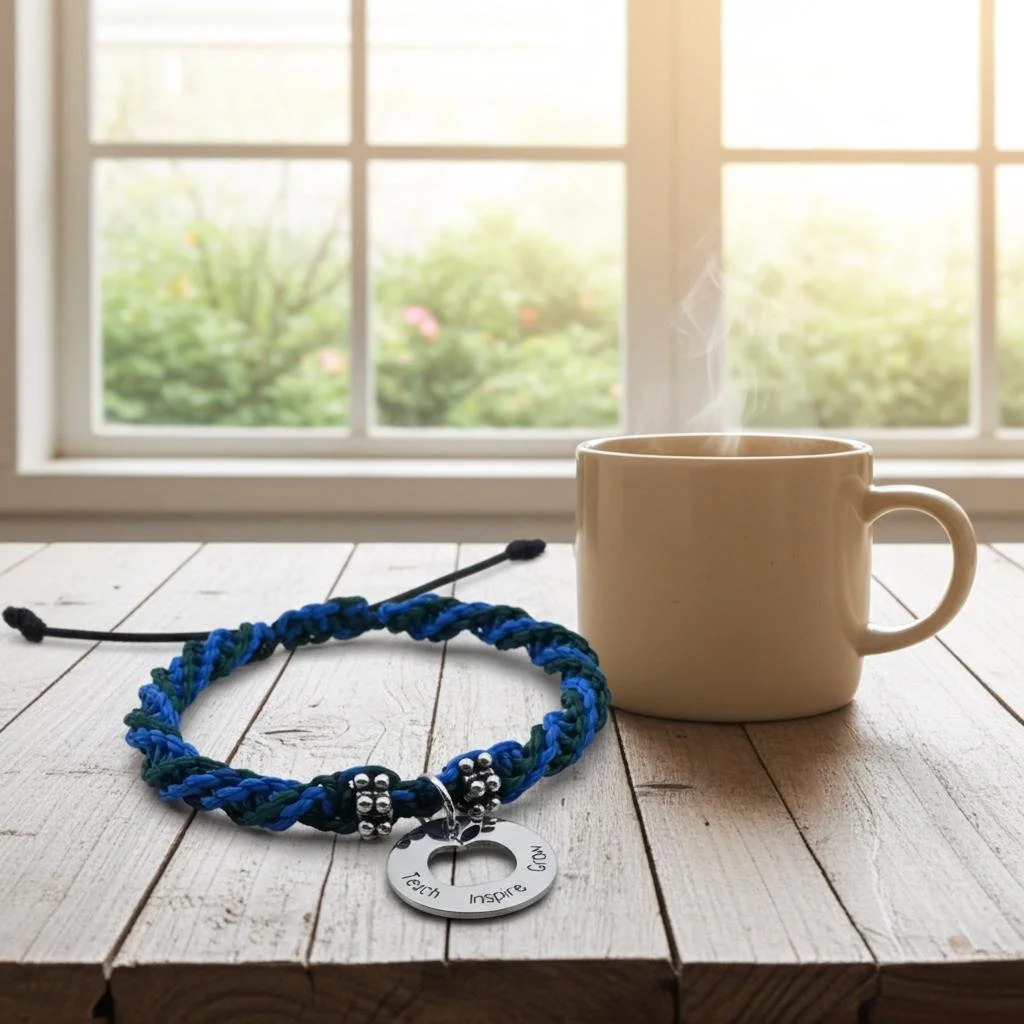 the practical mentor bracelet | custom macrame colors | “teach inspire grow” stainless steel charm