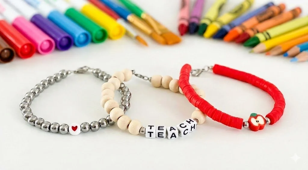 the fun‑loving teacher bracelet set | glass + wood + heishi stack | teach word bead + red apple charm