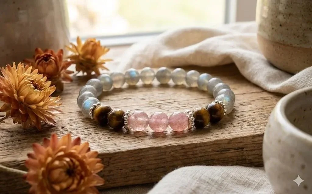 the survivor’s bloom bracelet featuring flashes of blue labradorite, rich golden tiger's eye, soft pink strawberry quartz, and a .925 sterling silver daisy centerpiece.
