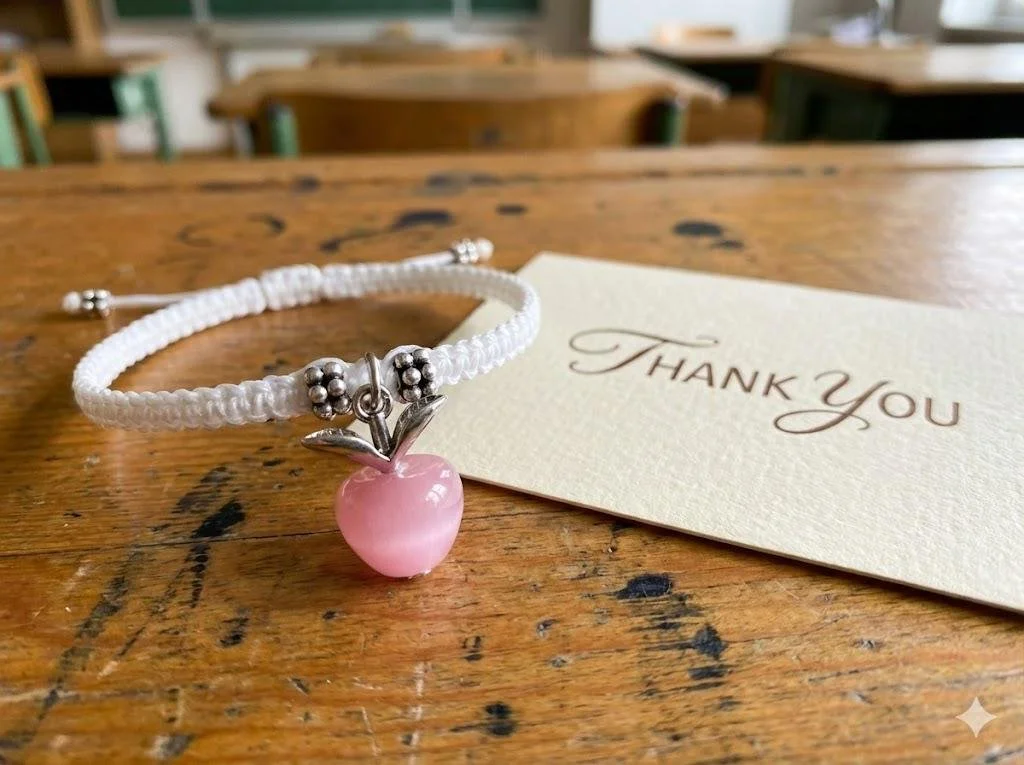 Stainless steel durable pink apple mentor jewelry featuring a waterproof woven band and hypoallergenic metal hardware.