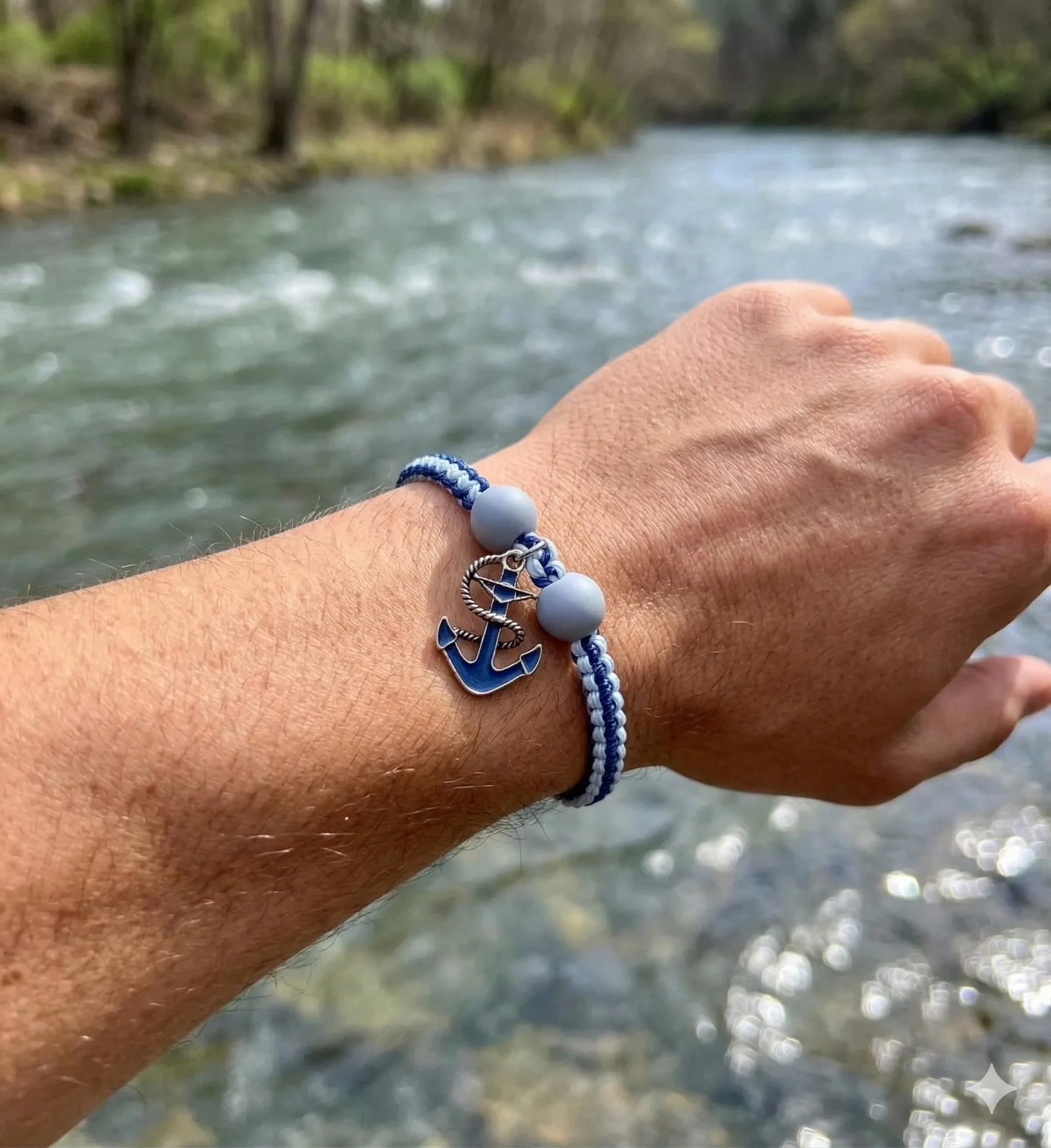 the coastal adventurer bracelet | gray + blue macramé | blue anchor charm + wood beads | adjustable
