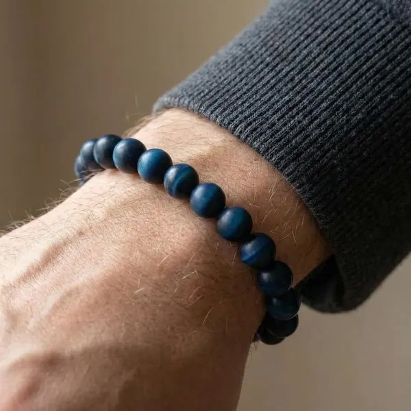 the stoic protector bracelet | matte blue tiger’s eye (hawk’s eye) | 8mm + stainless steel clasp