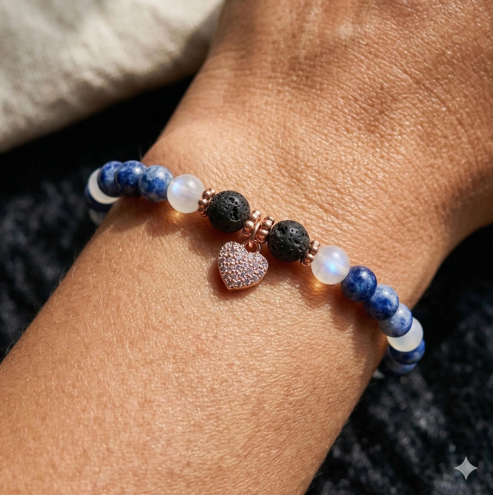 the romantic mystic bracelet | rose gold pavé heart + sodalite | lava rock diffuser