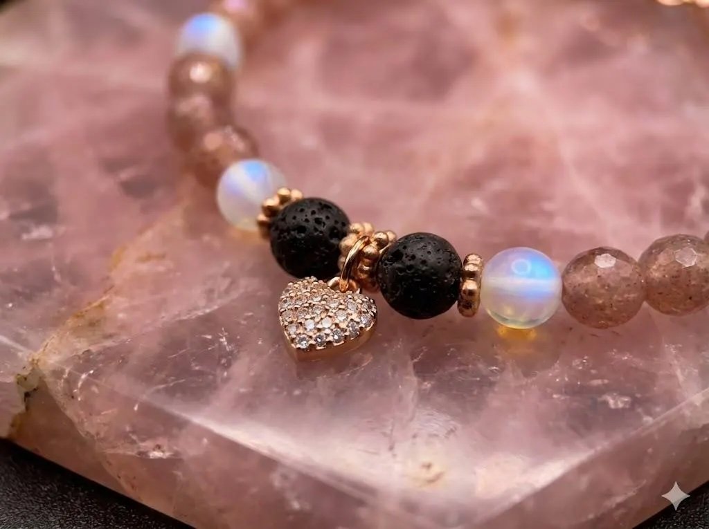 a soft pink gemstone diffuser bracelet showing the contrast between sparkling pavé crystals and textured black lava rock beads.