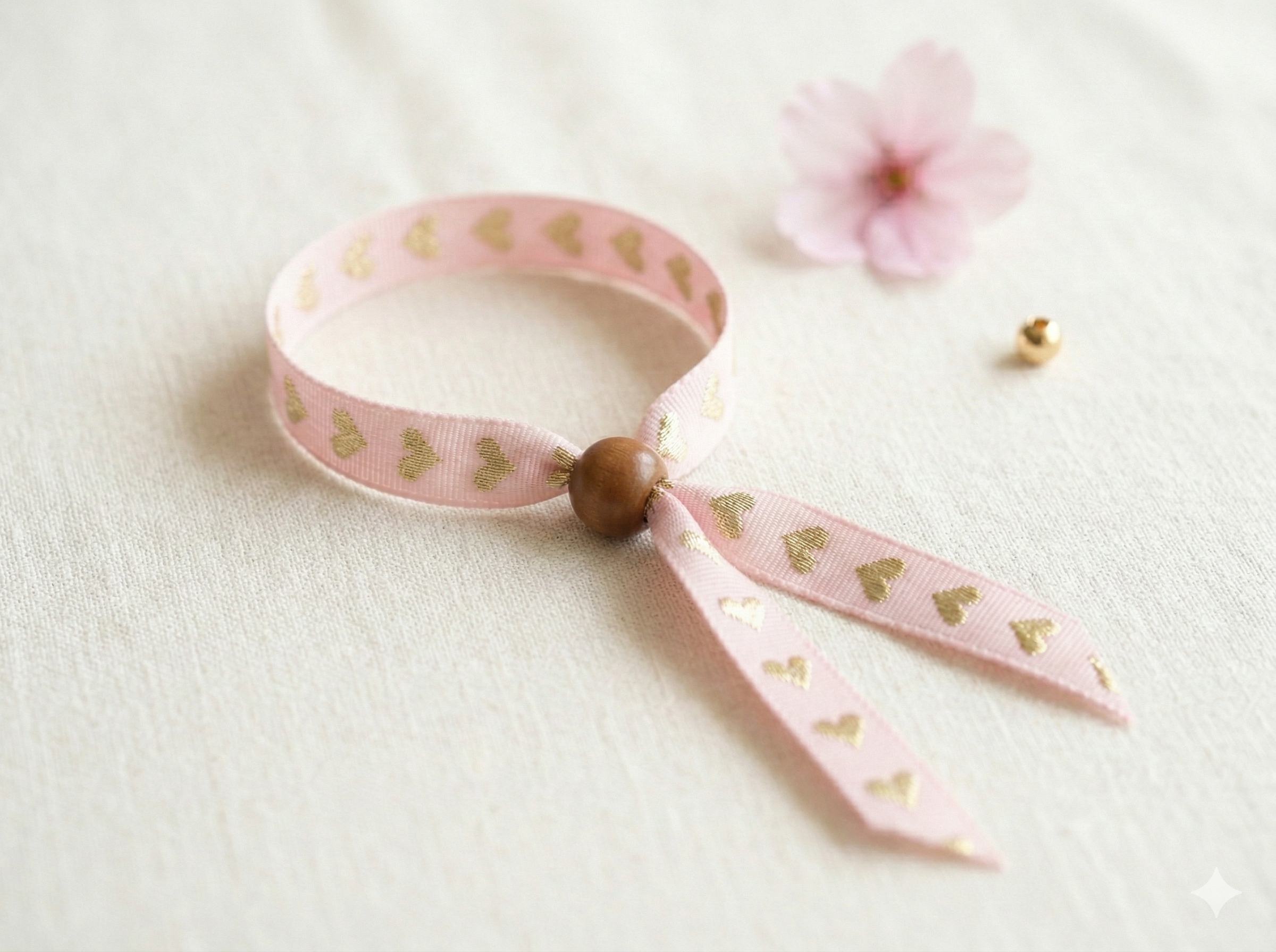 the sweetheart daydream bracelet | pastel pink ribbon + gold heart embroidery | adjustable slider