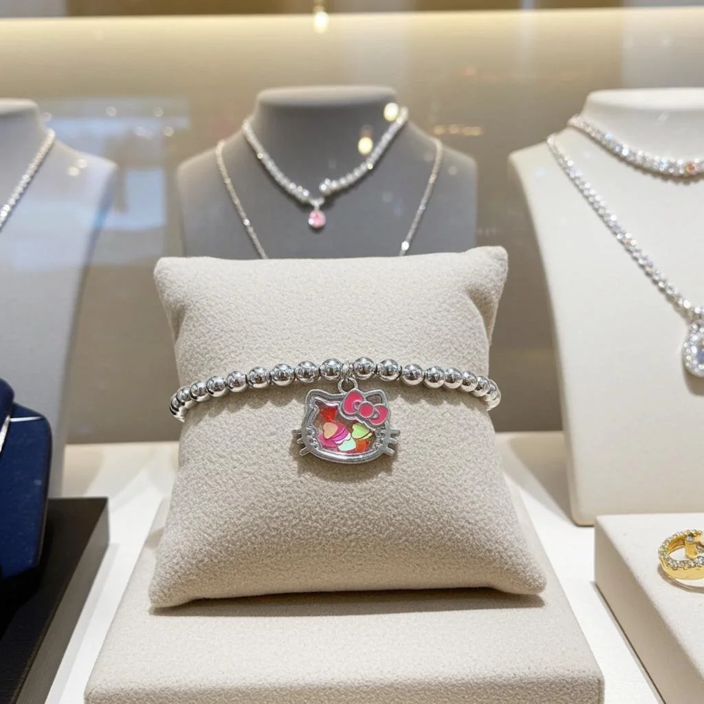a luxury nostalgia-core bracelet showing the polished sterling silver hardware and the interactive hello kitty shaker focal.