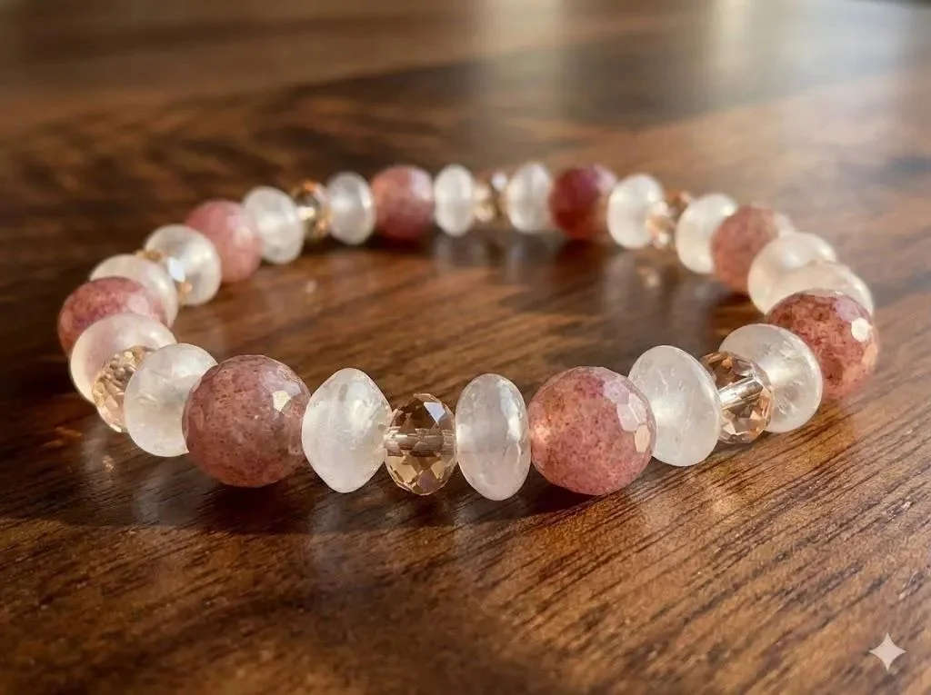 handcrafted 14k rose gold filled stacking bracelets with high-quality natural pink crystal beads.