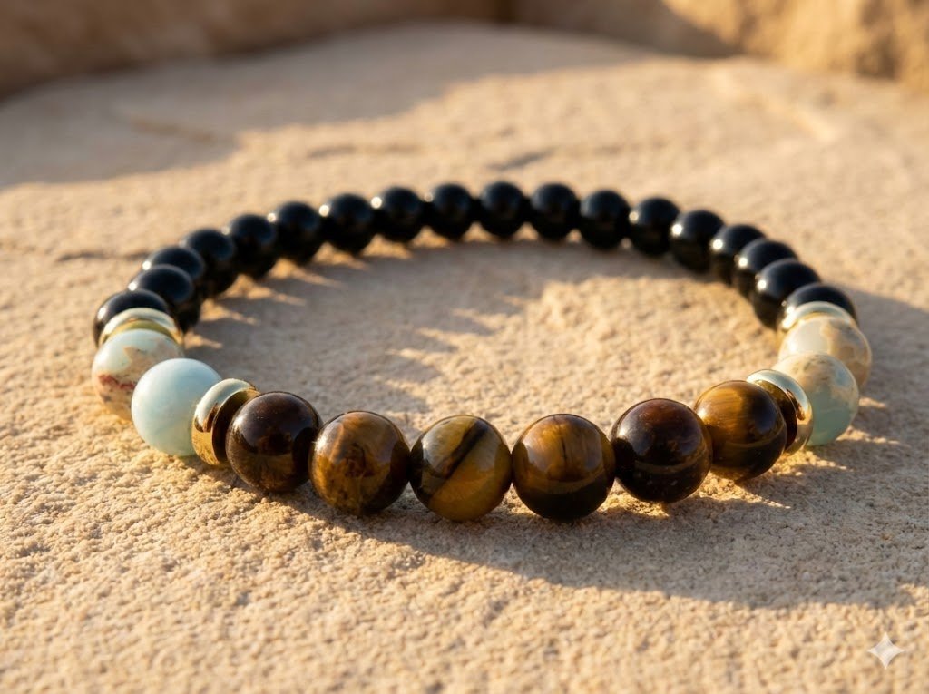 the sophisticated earthy bracelet | tiger’s eye + blue african opal | 18k gold plated | black glass stretch