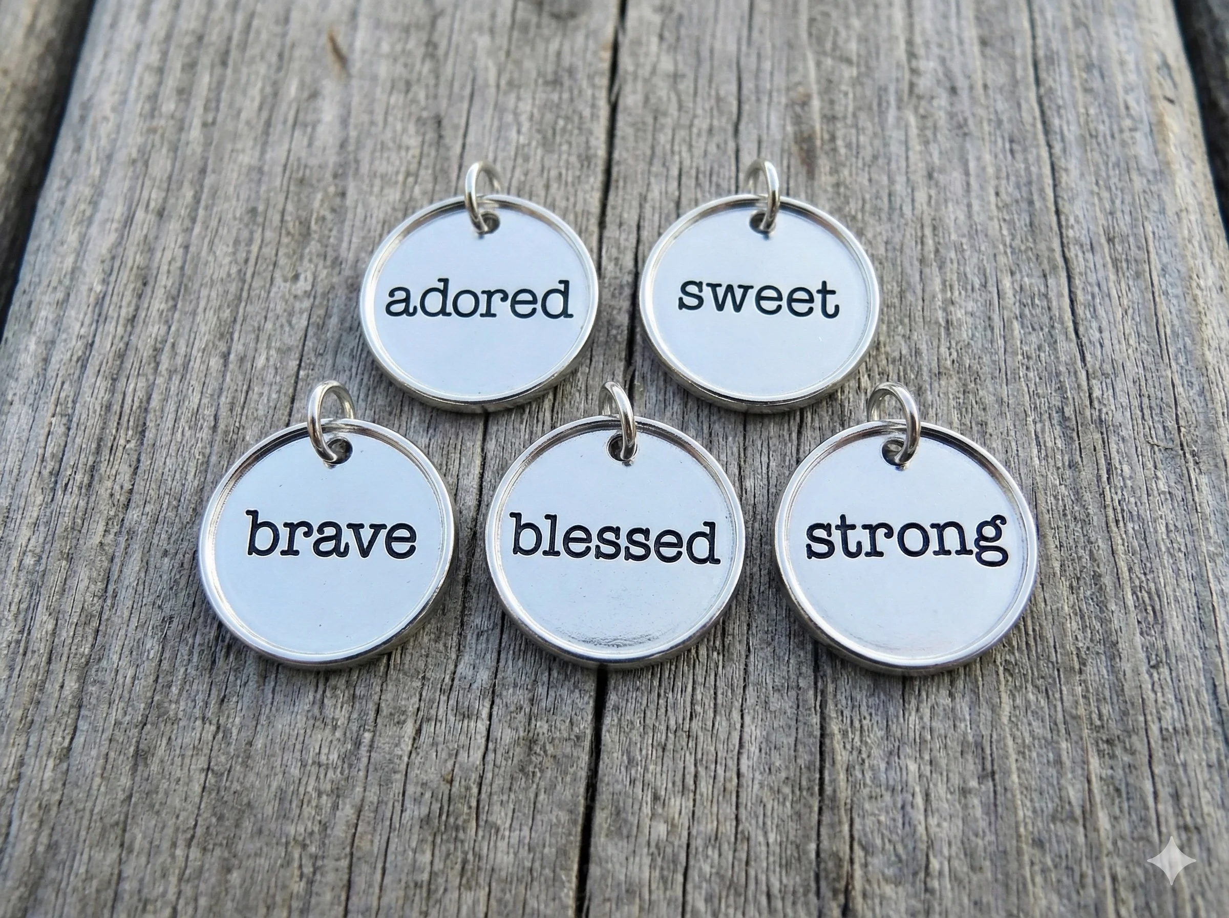 A flat lay collection of various .925 sterling silver inspirational word charms including "loved," "strength," and "believe" for custom jewelry personalization.
