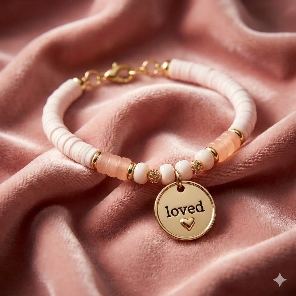 a three-piece gemstone stack featuring natural rose quartz for love and sunstone for vitality, accented with a gold butterfly and "loved" charm.