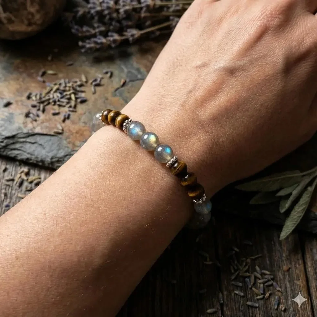 flash labradorite and tiger’s eye gemstone bracelet on a wrist with a sterling silver daisy charm.