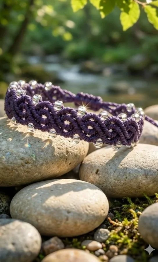 Handmade micro macrame bracelet featuring an intricate beaded edge with sparkling glass seed beads. Adjustable waterproof boho jewelry.