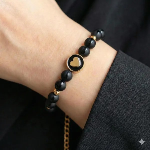 the classic minimalist bracelet | 18k gold plated heart + tuxedo onyx | matte/polished beaded jewelry | adjustable