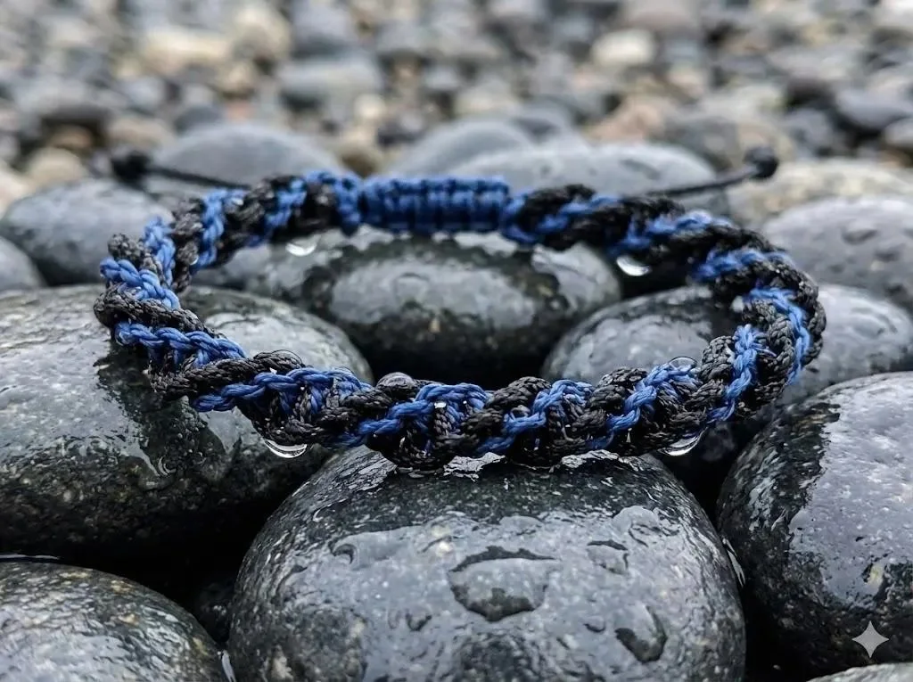blue and black twisted macramé waterproof bracelet.
