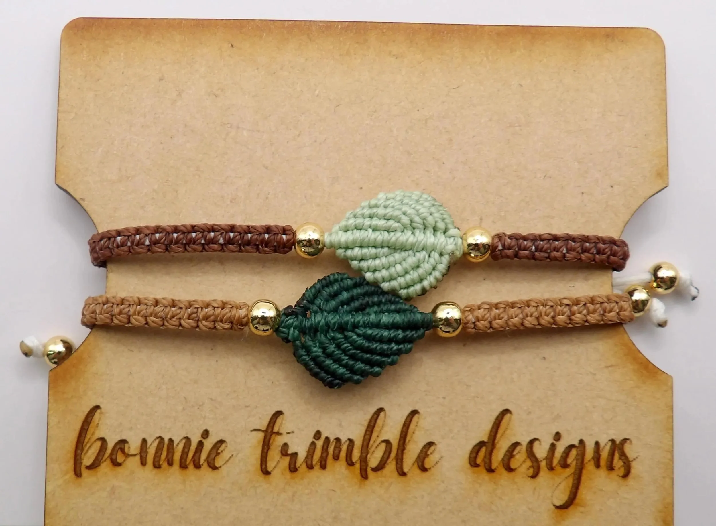 forest green and earth brown leaf macramé stack featuring a lightweight low-profile design for comfortable layering.