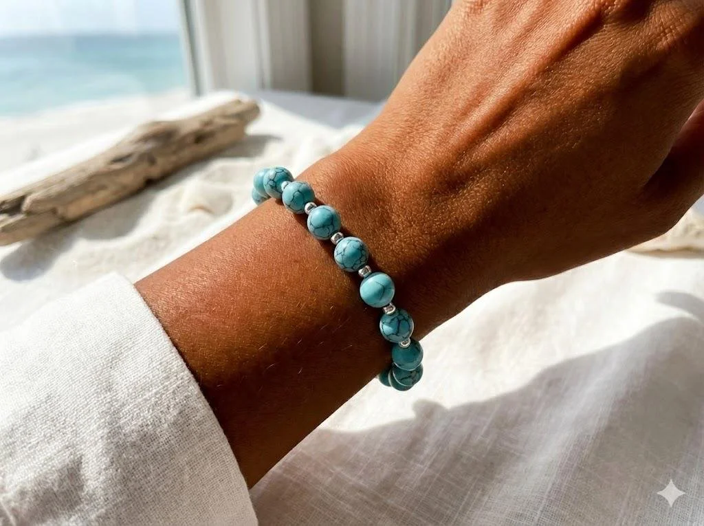 a dainty and crisp summer gemstone stretch bracelet showing the bright contrast between the natural turquoise matrix and mirror-shine silver spacers.