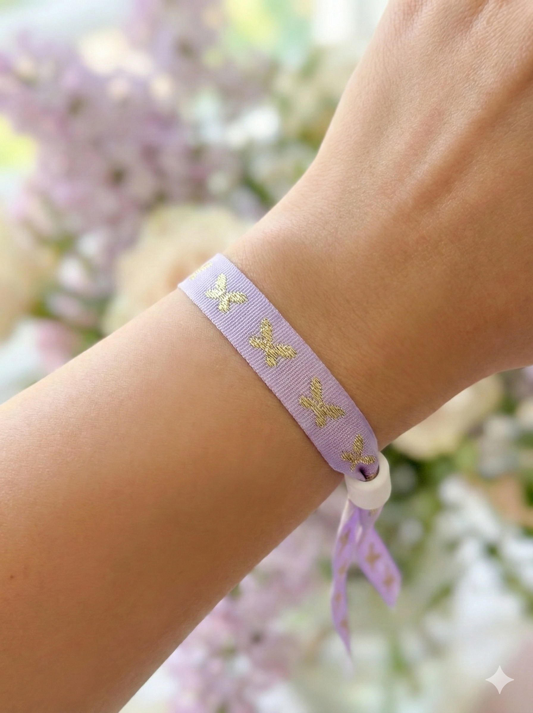 the flutter daydream bracelet | lilac ribbon + gold butterfly embroidery | adjustable slider