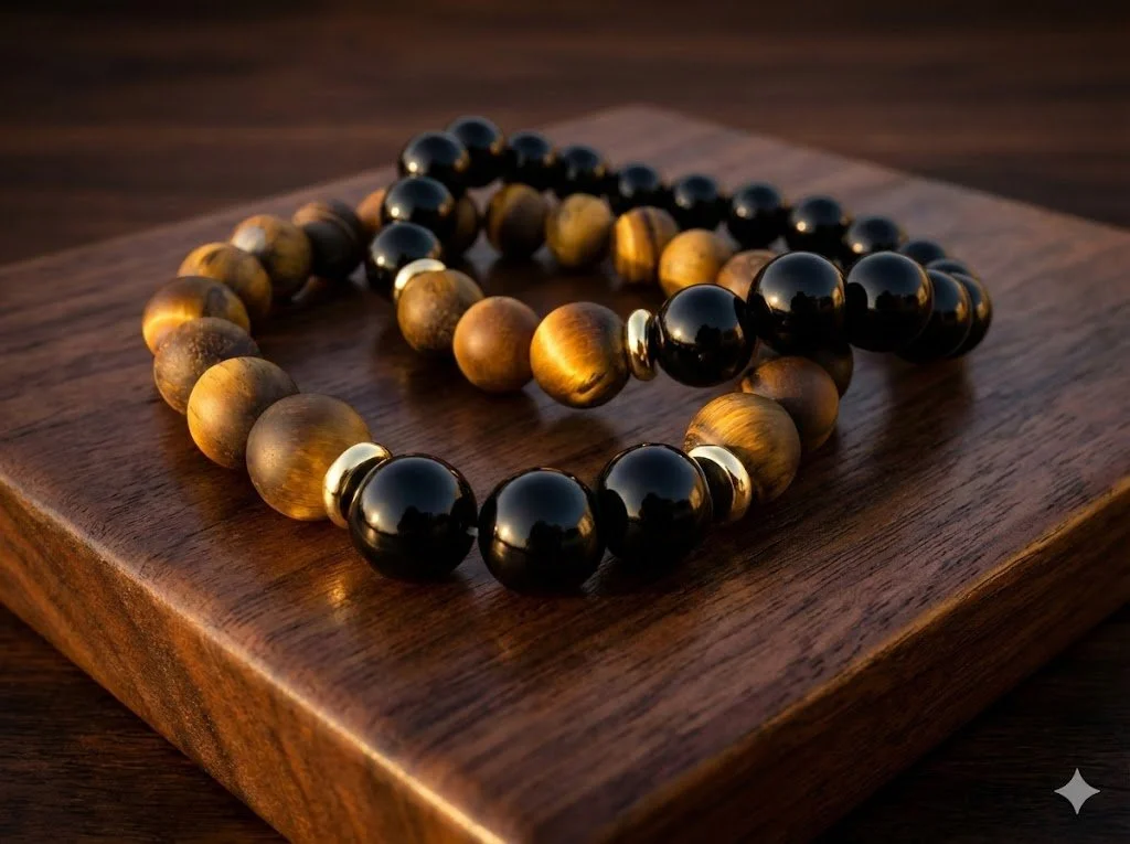 the balanced stoic bracelet | 18k gold plated onyx & tiger’s eye | matte + polished