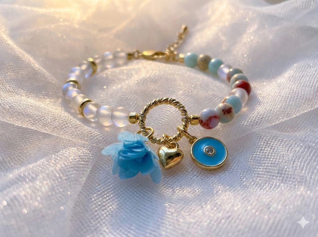 Handmade 18k solid gold charm cluster bracelet featuring a tutu, heart, and CZ charm with blue opal and spectrolite gemstones. Whimsical luxury jewelry.
