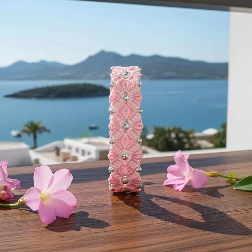 handcrafted 925 sterling silver and pink fiber bracelet designed for a "soft aesthetic" with artisan durability.