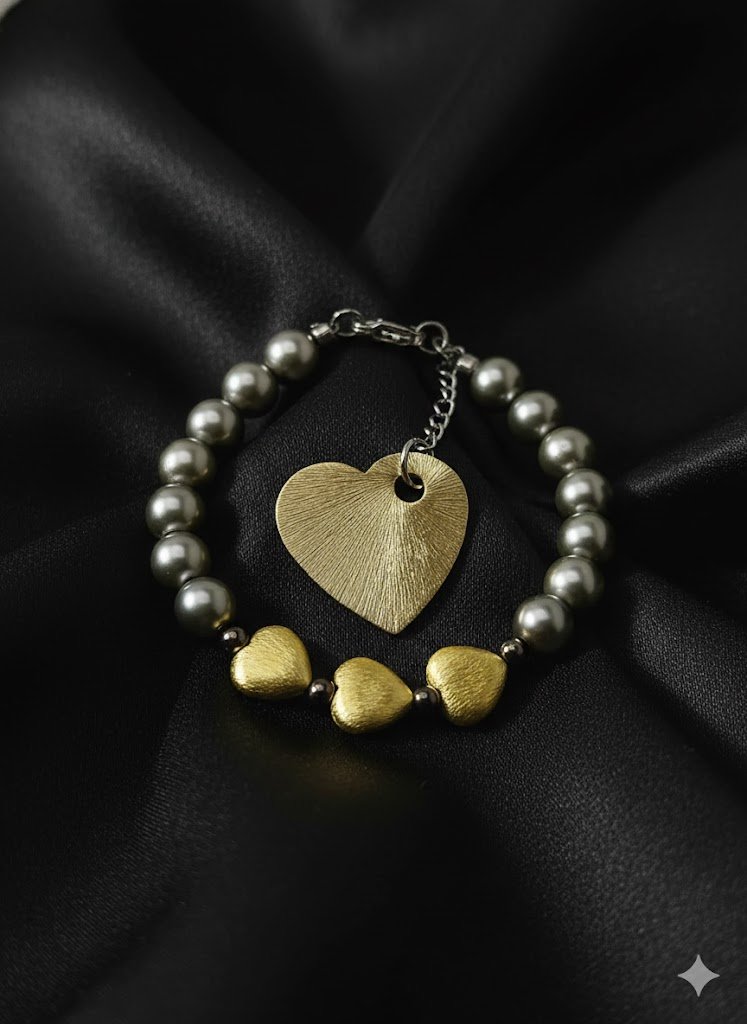 the dark romantic bracelet | brushed gold hearts + gunmetal mother of pearl | hematite accents