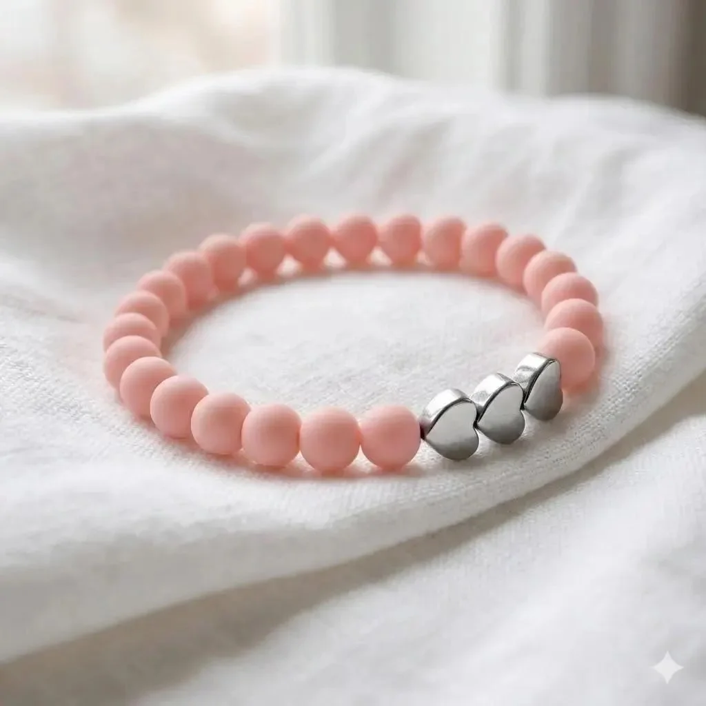 a dainty yet bold heart bracelet featuring matte-finished beads and metallic accents for a "playful professional" look.