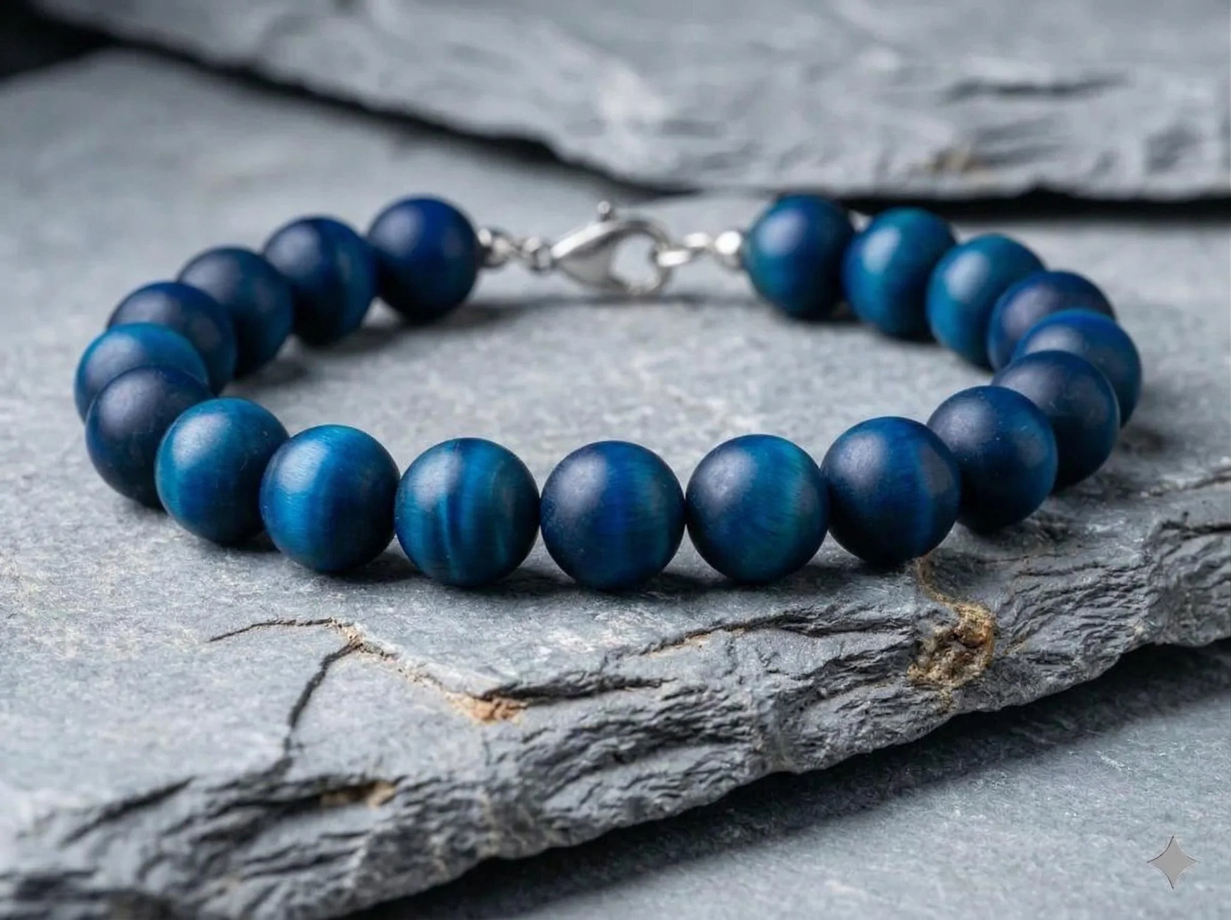the stoic protector bracelet | matte blue tiger’s eye (hawk’s eye) | 8mm + stainless steel clasp