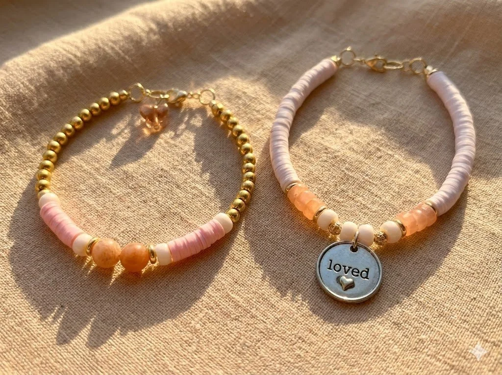 handmade 18k solid gold 2-piece bracelet set featuring a loved charm and butterfly charm with rose quartz and sunstone beads. sentimental fine jewelry gift.