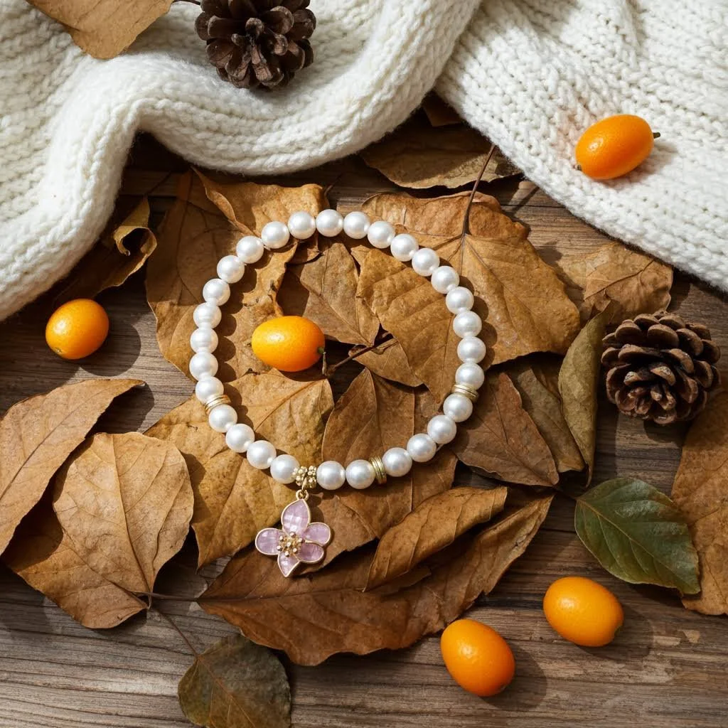 view showing the arrangement of smooth round mother of pearl beads and 18k gold brushed flat disc spacer beads on the handmade bracelet.