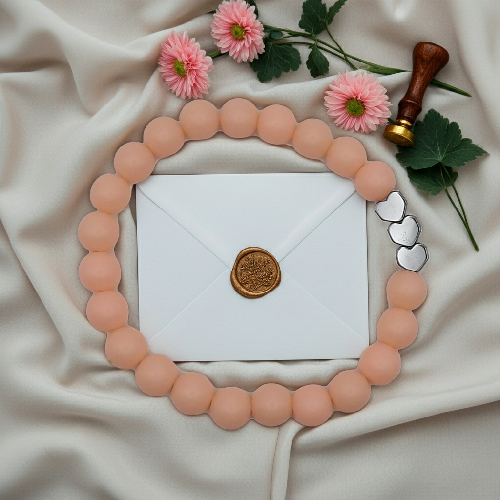 close-up detail showing the smooth matte finish beads and the central heart accent on a sweet dreams bracelet.