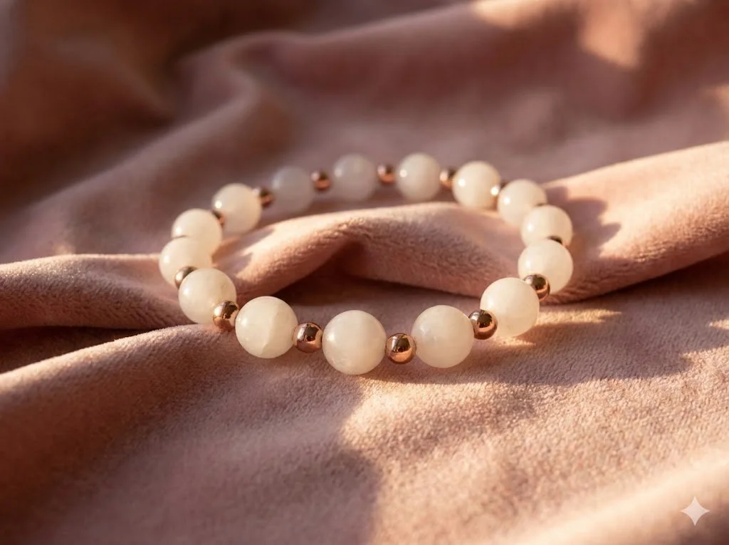 handmade 14k solid rose gold and polished rose quartz beaded bracelet. a romantic fine jewelry gift for her.
